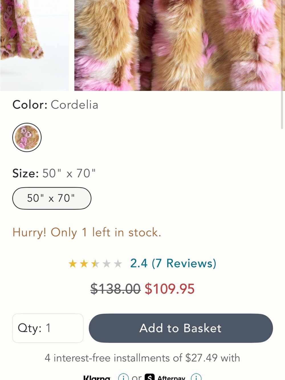 Anthropologie Cordelia Plush Faux Fur Throw Blanket in Tan and Pink - Picture 3 of 4